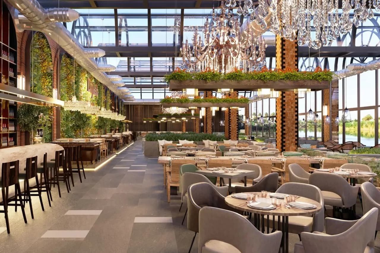 Zarif, aydınlık bir restoran iç mekanı